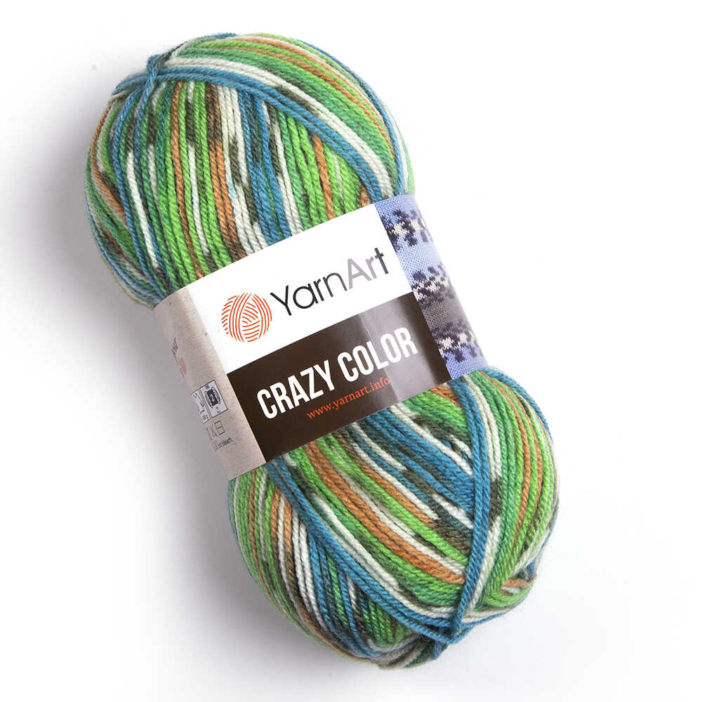 Пряжа Crazy Color от YarnArt цвет 177, Синий / молочный / зеленый / ораньжевый