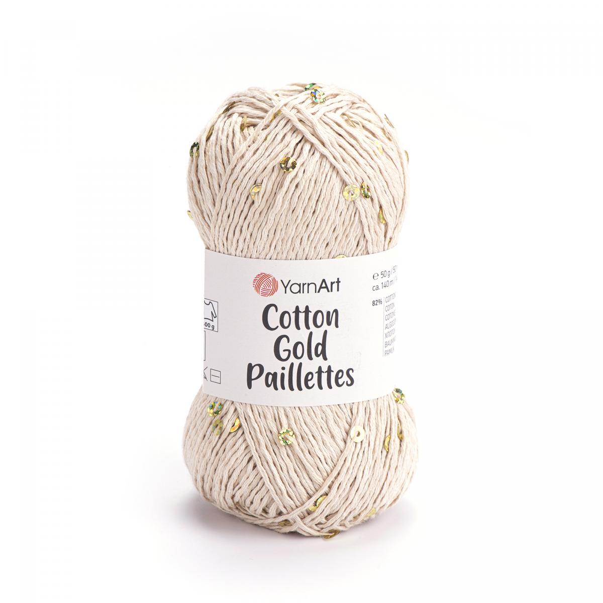 Пряжа Cotton Gold Paillettes от YarnArt цвет 7104, Кремовый / пайетки золото