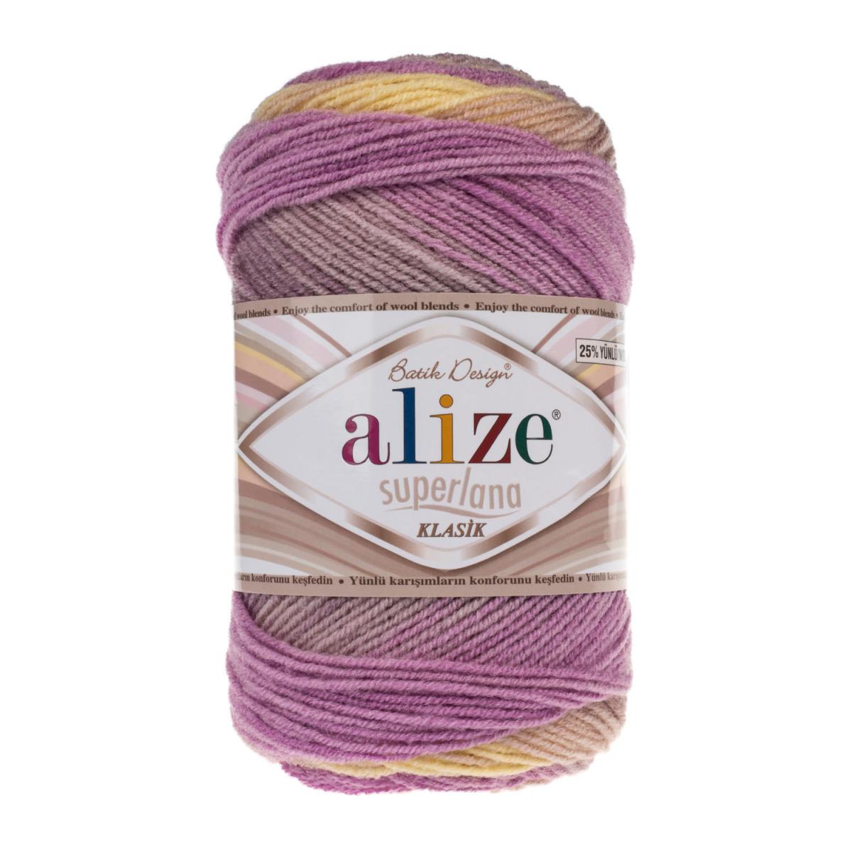Пряжа Alize Superlana Klasik Batik цвет 6954, Сиреневый / бежевый / желтый