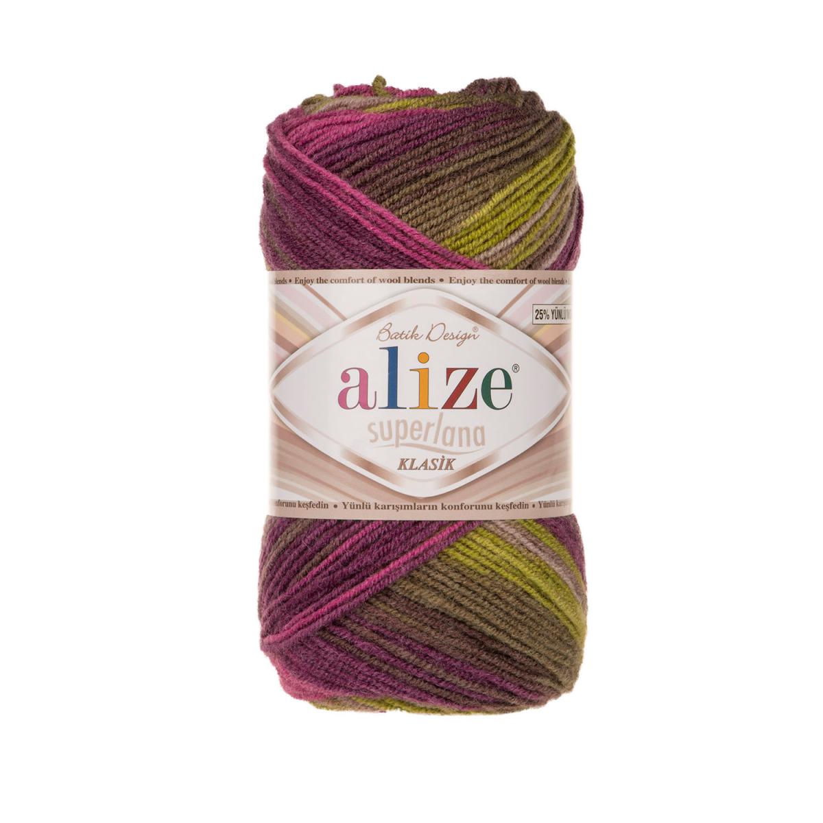 Пряжа Alize Superlana Klasik Batik цвет 3940, Розовый / фиолетовый / зеленый / хаки